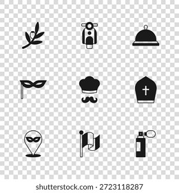 Set Flag Italy, Chapéu do Papa, Perfume, cozinheiro italiano, Coberto com bandeja de comida, ramo de azeitonas, Scooter e ícone de máscara de Carnaval. Vetor