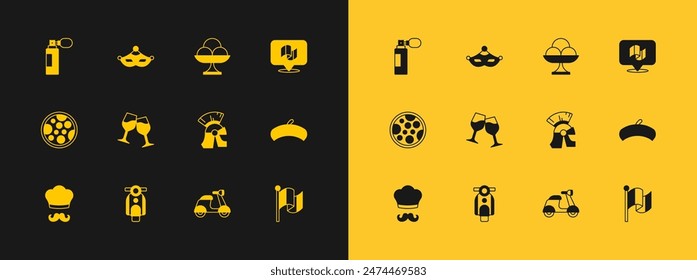 Set Flag Italy, Scooter, Roman army helmet, Wine glass, Ice cream the bowl, Perfume and Carnival mask icon. Vector