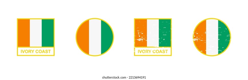 Set of flag of Ivory Coast in square and round shape isolated on white background. Collection flag of Cote D'Ivoire vector illustration