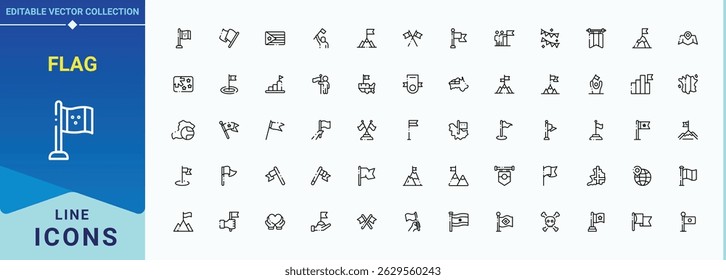 Set of Flag line icon. Contains related to mark, banner, landmark, victory and more. Minimalist linear icons. Banner line icon set. Editable stroke. Pixel Perfect.