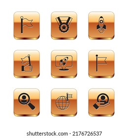 Set Flag, Magnifying glass for search, Planet with flag, Rocket ship, Hand holding, people and Medal icon. Vector