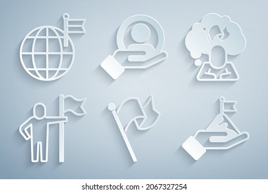 Fijar la bandera, la bandera de la mano del hombre, las montañas con, la mano para buscar personas e icono del planeta. Vector