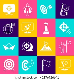 Set Flag, Man holding flag, Target, Rocket ship, Planet with,  and Chess icon. Vector
