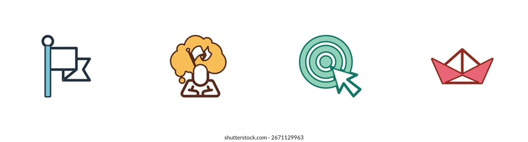 Definir bandeira, Homem segurando bandeira, Alvo com seta e ícone de barco de papel dobrado. Vetor
