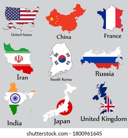 Set of flag and map great power country United states, United Kingdom, France, Japan, Russia, Korea, India, Iran and China.