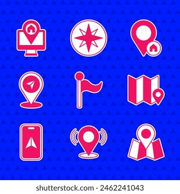 Set Flag, Map pin, Folded map with location marker, City navigation, Location house and Monitor icon. Vector