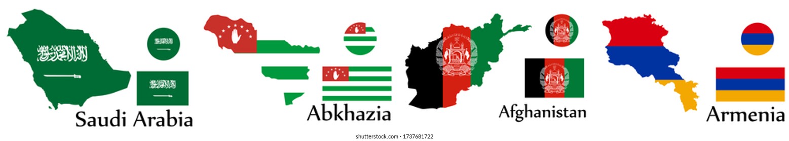 Set of flag, map and shape circle of Asia country Saudi Arabia, Abkhazia, Afghanistan and Armenia. EPS.file.