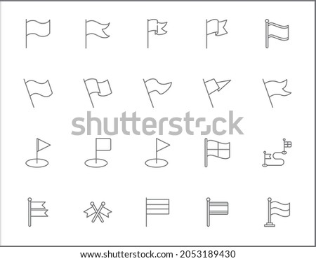 Set of flag and mark line style. It contains such as marker, pointer, flagpole, label, pennant, sign and other elements.