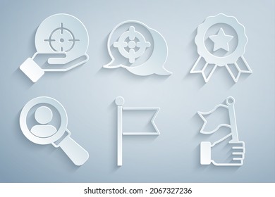 Set Flag, Medal, Magnifying glass for search, Hand holding flag, Target and  icon. Vector