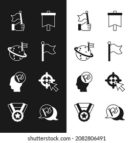 Indique la bandera, la luna con la bandera, la mano sujeta, el objetivo y el icono de Medalla. Vector