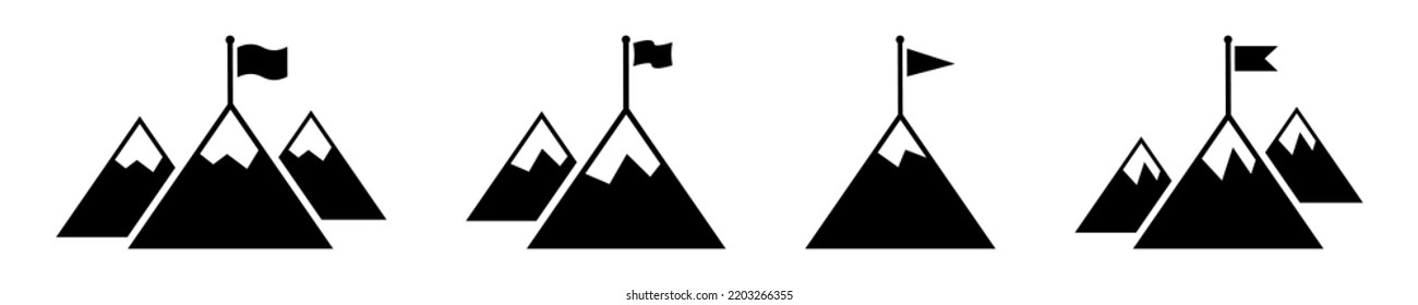 Set of flag in mountains vector icons. Climbing for goal. Snowy mountains. Symbol success and victory.