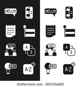 Set Flag, Notebook, Hello in different languages, New chat messages notification, Two sitting men talking, Vocabulary, Online translator and Creative lamp light idea icon. Vector