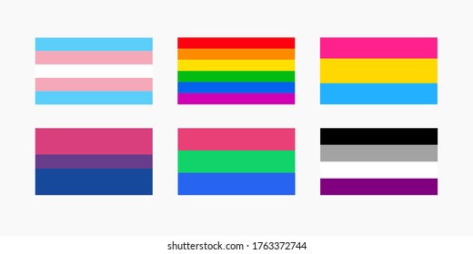 Set flag of pansexual, bisexual, gay, transgender, polisexual and asexual. Vector illustration