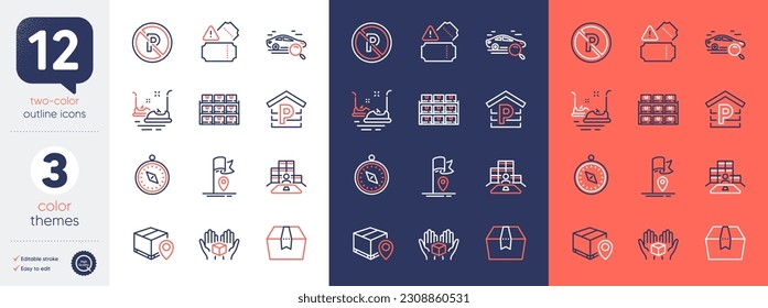 Set of Flag, Parcel tracking and Package box line icons. Include No parking, Search car, Hold box icons. Tickets, Boxes shelf, Parking web elements. Inventory, Bumper cars, Travel compass. Vector