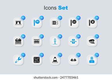 Set Flag, Passenger train cars, Cafe and restaurant location, Wrench spanner, Train conductor, driver hat, Railway tunnel and traffic light icon. Vector