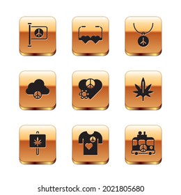 Set Flag peace, Marijuana, Peace t-shirt print stamp, Love, cloud, Necklace with symbol, Hippie camper van and Heart shaped love glasses icon. Vector
