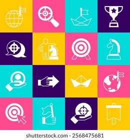 Set Flag, Planet with flag, Chess, Folded paper boat, Target,  and  icon. Vector