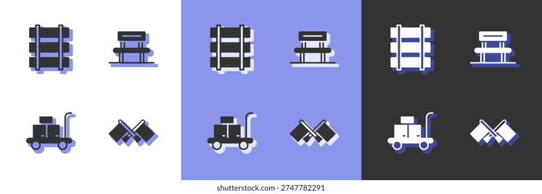 Set Flag, Railway, railroad track, Trolley suitcase and Waiting hall icon. Vector