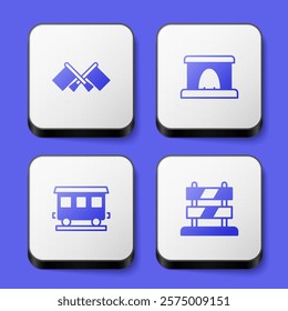 Set Flag, Railway tunnel, Passenger train cars and End of railway tracks icon. White square button. Vector