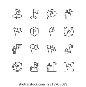 Set of flag related icons, achievement, finish line, victory, map with a flag and linear variety vectors.