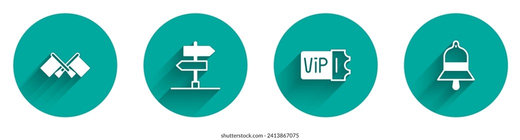 Set Flag, Road traffic sign, Train ticket and station bell icon with long shadow. Vector