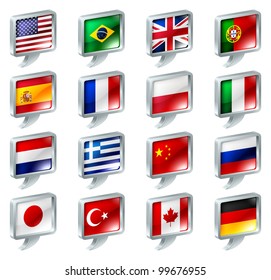 Set of flag speech bubble icons buttons; great for anything related to languages; regions or translation; or country specific web forum sections.