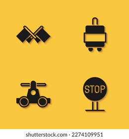 Set Flag, Stop sign, Handcar transportation and Suitcase icon with long shadow. Vector