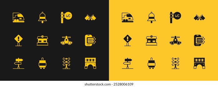 Bandera, maleta, transporte de Handcar, cruce de ferrocarril, estación de ferrocarril, inodoro, tren de alta velocidad e icono de campana de tren. Vector