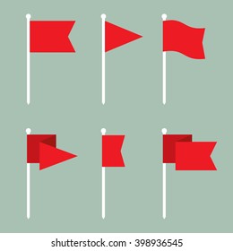 Set of flag vector icons flat design. Collection of red flags with flagpoles symbols. EPS8 vector illustration.