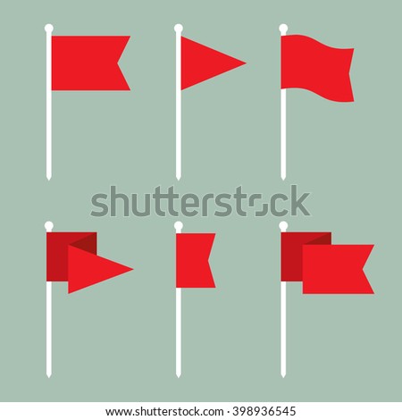 Set of flag vector icons flat design. Collection of red flags with flagpoles symbols. EPS8 vector illustration.