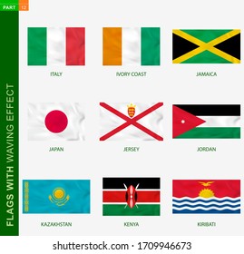 Set von Fahne mit Welleneffekt, nationale Flagge mit Textur. Flagge der Vektorillustration Italiens, Côte d'Ivoire, Jamaika, Japan, Jersey, Jordanien, Kasachstan, Kenia, Kiribati