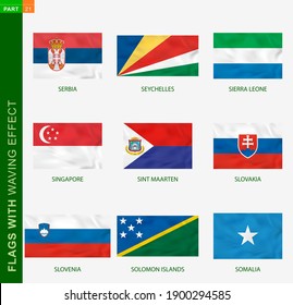 Set of flag with waving effect, national flag with texture. Vector flag of Serbia, Seychelles, Sierra Leone, Singapore, Sint Maarten, Slovakia, Slovenia, Solomon Islands, Somalia