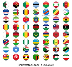 Set of flags of all African countries. Glossy round style