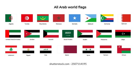 Conjunto de banderas de todos los países árabes aislados sobre un fondo transparente. Ilustración vectorial