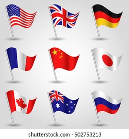 Set Of Flags - American, English, German, French, Chinese,  Japanese, Canadian, Australian And Russian Vector Waving Triangle Flag Icon On Metal Stick
