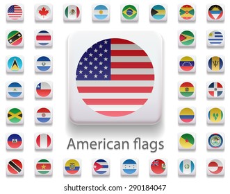 Set of flags of the Americas. Flag in the form of computer button. 3 d. All elements and textures are individual objects. Each image has a name. Collection. Illustration. Vector. Icon