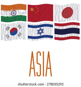 Set of flags from asia on a white background. Low Poly vector illustration