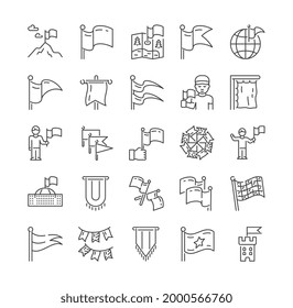 Set of flags with assorted uses flying from buildings, flagpoles, used as markers, signals, bunting. Achievement, victory, map with a flag. Line drawn outline vector illustration for design elements