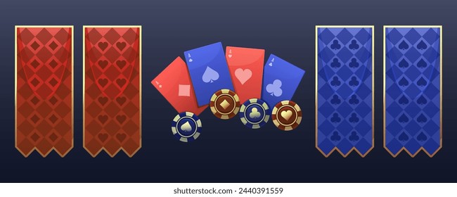 Set of flags or banners with card suits. Vertical fabric flag template with gold frame. Four card aces, playing chips with icons of clubs, hearts, diamonds, spades. Poker set, online casino, vector.