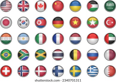 Set of flags buttons of various countries, 3d shaped and glossy