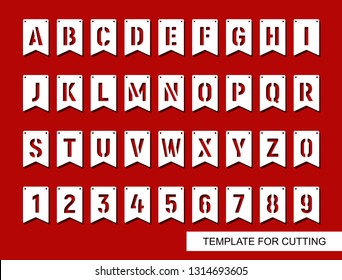 Set of flags with carved english letters and numbers. Decor for a holiday or birthday. White objects on red background. Vector illustration. Template for laser cutting, wood carving or paper cut. 