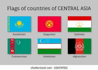 Set of flags of Central Asian countries: Tajikistan and Kazakhstan, Kyrgyzstan, Turkmenistan, Afghanistan and Uzbekistan. Collection with 6 signs of Asian states. Vector isolated icons