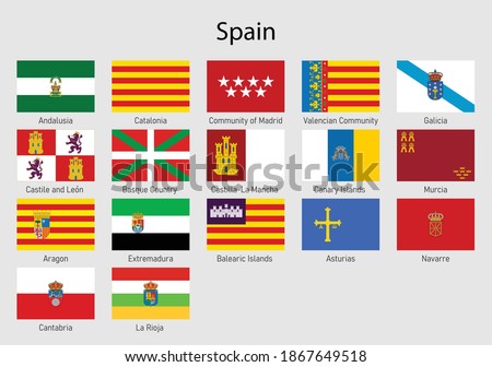 Set Flags of the communities of Spain, All Spanish regions flag collection Foto stock © 