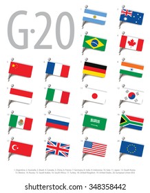 Set of flags of the countries - members of The Group of Twenty (G20). Vector Illustration