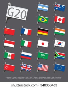 Set of flags of the countries - members of The Group of Twenty (G20). Vector Illustration