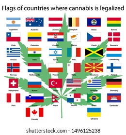 A set of flags of countries where marijuana is legalized, cannabis