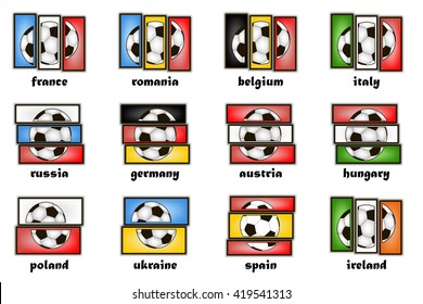 Set flags country and  soccer balls. Vector illustration