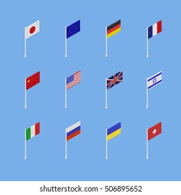 Set of flags of different countries is an isometric 3D. 