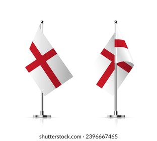 Conjunto de banderas de Inglaterra sobre la ilustración del vector del polo. mástiles blancos y rojos realistas 3D aislados de fondo blanco. Soporte vertical, personal de escritorio. Cruz de San Jorge con palo de metal.