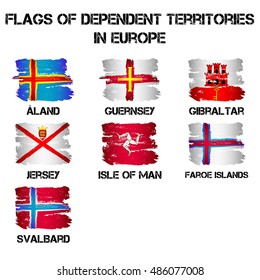 Set of flags of Europe dependent territories from brush strokes in grunge style isolated on white background. Ensigns of 7 autonomies in Europe. Vector illustration